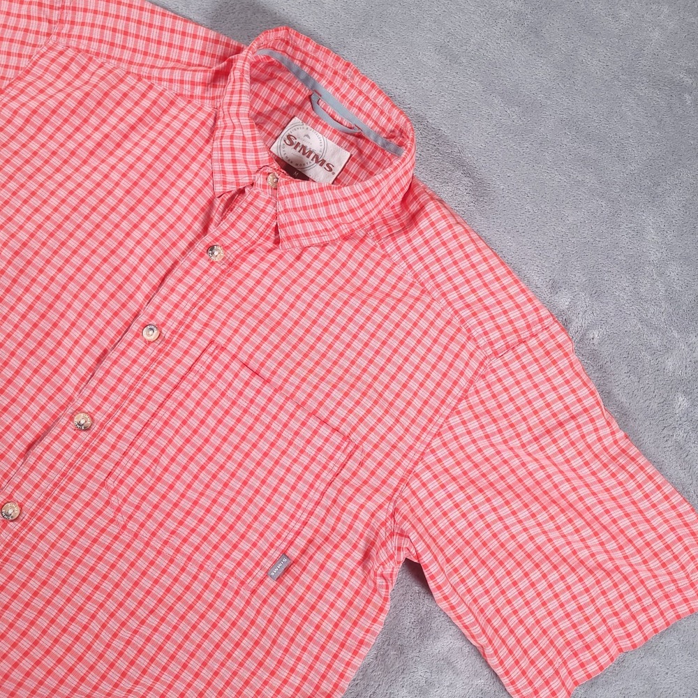 Simms Button Down Shirt Mens Medium Red Plaid Short Sleeve Lightweight Outdoor‎